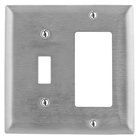 HUBBELL WIRING DEVICE-KELLEMS Wallplates and Boxes, Metallic Plates, 2- Gang, 1) Toggle Opening 1) GFCI Opening, 430 Stainless Steel SS126L